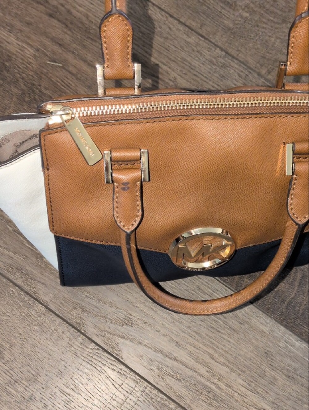 MICHAEL Michael Kors Tri-Color Leather Satchel in Brown, Black & Cream - Picture 8 of 12